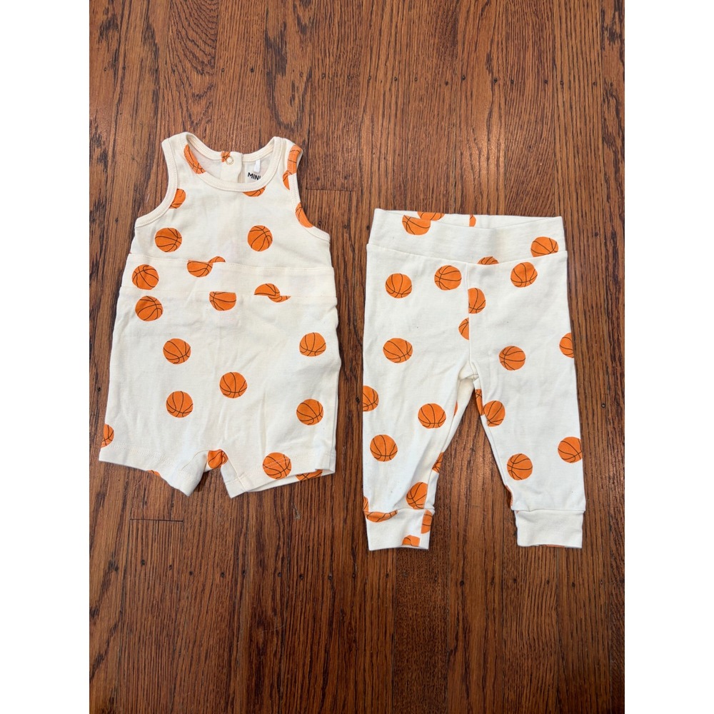 Mini Rodini Baby Basketball Print Romper and Leggings Set Cream Orange 2-4M